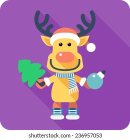 Vector Santa's reindeer icon flat design with Christmas tree and Christmas ball