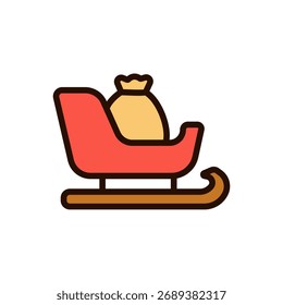 Vector of Santa's sleigh carrying a sack of gifts in colored outline style. Ideal for holiday sale designs and festive celebration themes.
