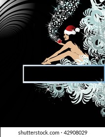Vector Santa-woman with gift, snow, stars and winter ornament