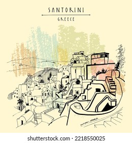 Vector Santorini, Greece postcard. Oia village on Santorini island of Cyclades group. Hand drawing in retro style. Travel sketch. Vintage touristic hand drawn postcard, poster illustration