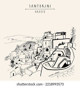 Vector Santorini, postal de Grecia. Aldea Oia en la isla Santorini del grupo de las Cícladas. Dibujo manual de estilo retro. Esbozo de viajes. Postal de viaje, afiche, ilustración de calendario