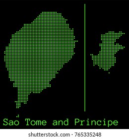 Vector Sao Tome and Principe map dotted silhouette with green dots on a black background (as on old ancient computers running DOS)