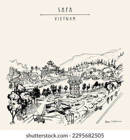 Vector Sapa, Vietnam, Southeast Asia vintage hand drawn postcard. Lake, park and temple in the center of the town. Travel sketch artistic poster in retro style