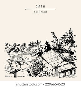 Vector Sapa, Vietnam, Southeast Asia vintage hand drawn postcard. Rice terraces and misty mountains in the countryside. Aerial view of Vietnamese village. Rice fields travel sketch, artistic poster