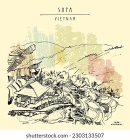 Vector Sapa, Vietnam, Southeast Asia vintage hand drawn postcard. Rice fields and misty mountains, popular tourist trekking destination. Rice terraces travel sketch, artistic poster in retro style