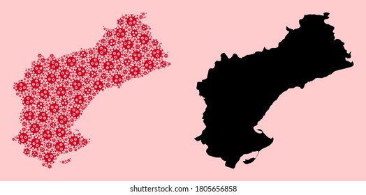 Vector sars virus mosaic and solid map of Tarragona Province. Map of Tarragona Province vector mosaic for health care campaigns and projects.