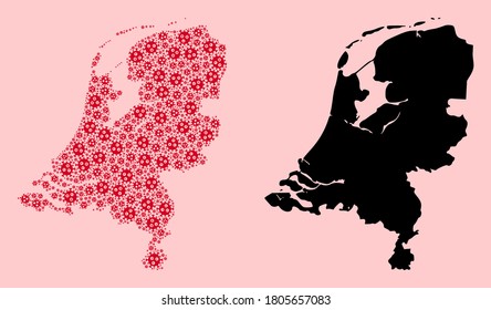 Vector sars virus mosaic and solid map of Netherlands. Map of Netherlands vector mosaic for quarantine campaigns and proclamations. Map of Netherlands is composed with red infection virus parts.