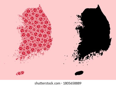 Vector sars virus mosaic and solid map of South Korea. Map of South Korea vector mosaic for outbreak campaigns and purposes. Map of South Korea is formed from red infection virus icons.