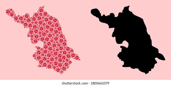Vector sars virus mosaic and solid Map of Jiangsu Province. Map of Jiangsu Province vector mosaic for lockdown campaigns and agitprop. Map of Jiangsu Province is formed from red virus items.
