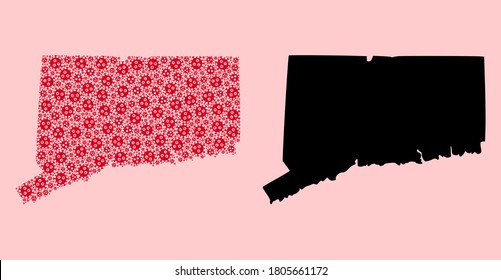 Vector sars virus mosaic and solid map of Connecticut State. Map of Connecticut State vector mosaic for lockdown campaigns and purposes. Map of Connecticut State is designed with red virus particles.