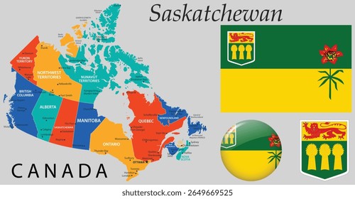 Vetor do brasão de armas, bandeira e mapa de Saskatchewan. Perfeito para uso em projetos com tema canadense, educação, governo e projetos de identidade provincial.