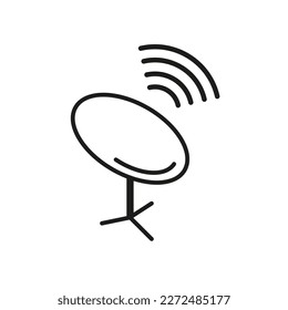 Vector satellite antenna icon. EPS 10. Satellite dish outline symbol. Parabolic antenna, broadcasting satellite radar. Isolated on white simple illustration or sign. Used for any platform or purpose