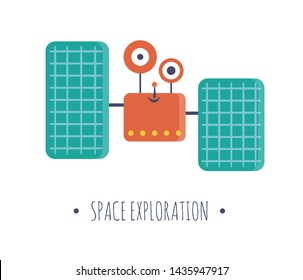 Vector satellite illustration for children. Bright and cute flat picture of smiling technics isolated on white background. Space exploration concept