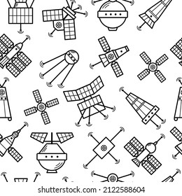 Vektor-Satellitenmuster einzeln auf weißem Hintergrund. Signalmuster im schwarzen Zeilenstil. Web-Grafik über Satellit.