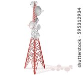 Vector satellite tower in isometric perspective isolated on white background. Transmission Tower telephone and television signals. Red-white communications tower.