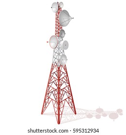 Vector satellite tower in isometric perspective isolated on white background. Transmission Tower telephone and television signals. Red-white communications tower.