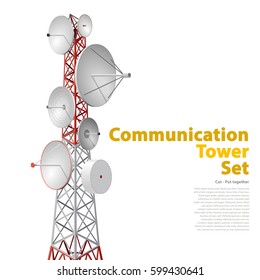 Vector satellite tower in isometric perspective isolated on white background. Red-white communications tower with typography layout. Detail of transmission Tower telephone and television signals.