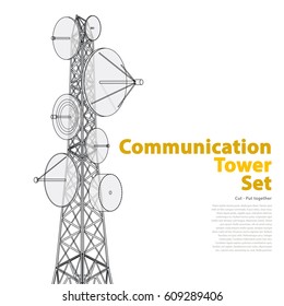 Vector satellite tower in isometric perspective isolated on white background. Communications tower with typography layout. Outlined detail of transmission tower for telephone and television signals.