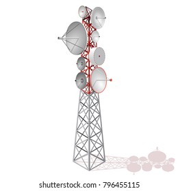 Vector satellite tower in isometric perspective isolated on white background. Transmission Tower telephone and television signals. Red-white communications tower.