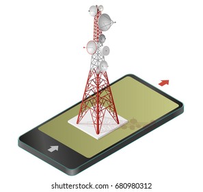 Vector Satellite Tower In Mobile Phone, Transmission Tower. Telephone And Television Signals In Communication Technologies, Paraphrase, Isolated On White Background. Red-white Isometric Building.