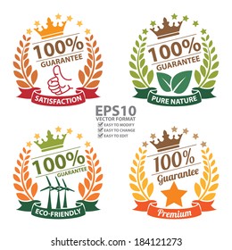 Vector : Satisfaction, Pure Nature, Eco-Friendly and Premium 100 Percent Guarantee Sticker, Icon or Label Isolated on White Background 