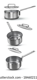 Vector saucepan with lid. Empty kitchen utensils. 3d realistic illustration isolated on white background.