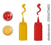 Vector sauces for fast food on a white background. Yellow and red bottle. A bottle of mustard and ketchup. Ceramic sauce pan with sauces