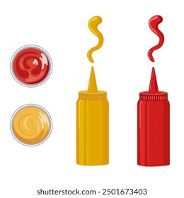 Vector sauces for fast food on a white background. Yellow and red bottle. A bottle of mustard and ketchup. Ceramic sauce pan with sauces