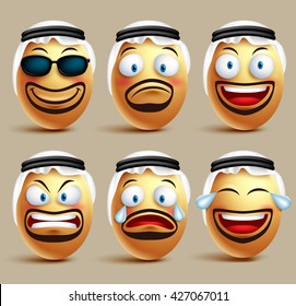 Vector saudi arab man egg faces set wearing agal and ghutrah or head dress with facial expressions and emotions as an emoticons isolated in white background. Vector illustration
