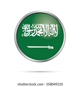 Vector Saudi Arabia flag glass button style with metal frame.