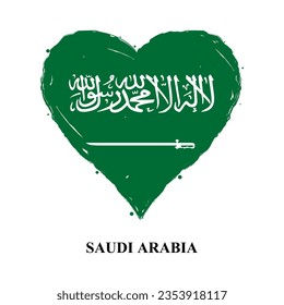 Vector Saudi Arabia flag in heart shape with grunge texture. Heart shaped flag isolated on white background. Beautiful design country flag of Saudi Arabia for banner, poster, sticker, print. Vector