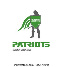 Vector Saudi Arabia Flag Patriots Soldier Logo. Mascot Character Design. Memorial Day Army man with Shield. Vector Freedom Leader Logo illustration