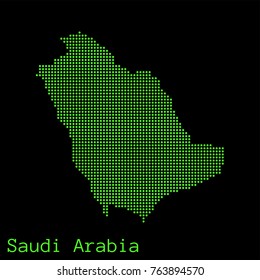 Vector Saudi Arabia map dotted silhouette with green dots on a black background (as on old ancient computers running DOS)
