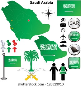 Vector of Saudi Arabia set with detailed country shape with region borders, flags and icons