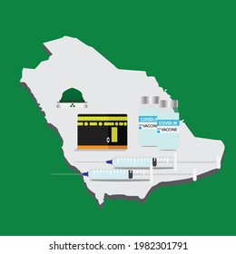 A vector of Saudi map, Kaaba, Masjid Nabawi and two doses vaccine of Covid-19. People that entering Saudi must get two doses vaccine.