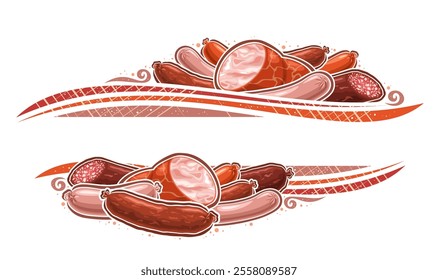 Vector Sausage Border with blank copy space for ad text, horizontal frame with boiled sausage composition with copyspace, vintage layout with group of illustration homemade diverse sausages on white