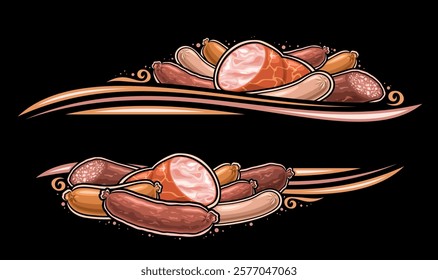 Vector Sausage Border with empty copy space for ad text, horizontal frame with cooked sausage composition with vintage flourishes, layout with group of illustration homemade diverse sausages on dark