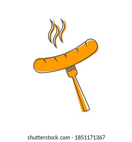 Vector sausage and fork icon. Barbecue symbol cartoon style on white isolated background.