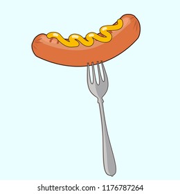 Vector sausage on a fork icon isolated on blue background. Grilled sausage a poster template for an invitation to a party. Mustard