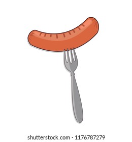 Vector sausage on a fork icon isolated on white background. Grilled sausage a poster template for an invitation to a party