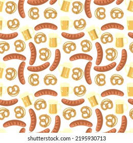 Vector: salchicha, pretzel y cerveza
patrón impecable. Ilustración.