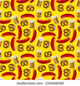Vector - sausage, pretzel and beer
seamless pattern. Illustration.