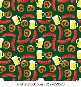 Vector - sausage, pretzel and beer
seamless pattern. Illustration.