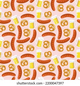 Vector: salchicha, pretzel y cerveza
patrón impecable. Ilustración.