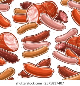 Vector Sausage Seamless Pattern, decorative background with collection of raw flying sausage composition for wrapping paper, square placard with group of flat lay diverse sausages on white background