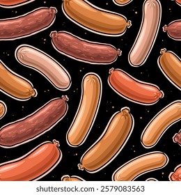 Vector Sausage Seamless Pattern, decorative background with collection of raw flying sausages for wrapping paper, square placard with group of flat lay diverse sausages for hotdog on dark background