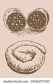 Vector sausages on sepia  background, butchery products.	