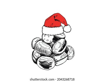  Vector sausages in Santa Claus hat on white background, new year fast food element