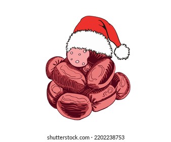 Vector sausages in Santa Claus hat on white isolated, Christmas fast food element. Buchery christmas element for design