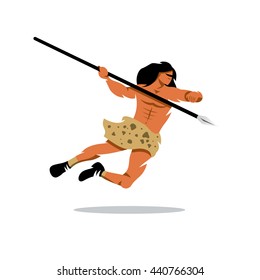 Vector Savage Cartoon Illustration. Warrior jumps with a spear. Unusual Logo template isolated on a white background